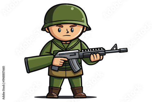 Cartoon soldier holding automatic rifle on white background