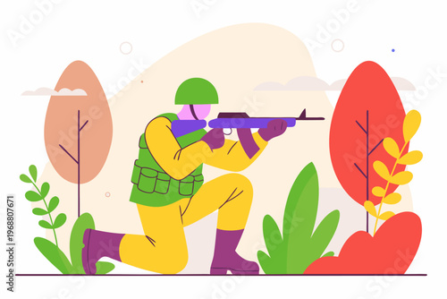 Soldier kneeling aiming rifle in colorful park illustration