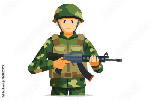 Camouflaged soldier holding assault rifle front facing white background