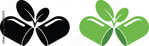 Two stylized capsules with green leaves emerging from them pill medicine health natural