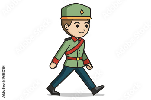 Young soldier marching in uniform on white background