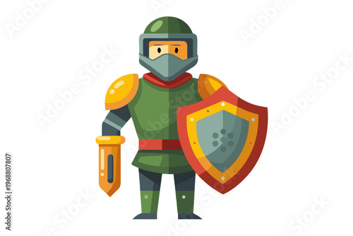 Armored knight standing with shield and sword on white background