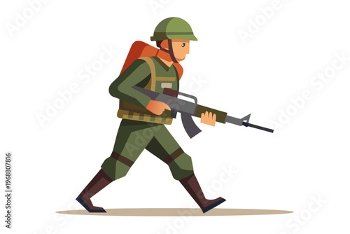 Soldier walking with rifle and backpack on white background
