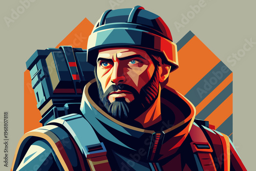 Soldier portrait looking serious in stylized graphic background