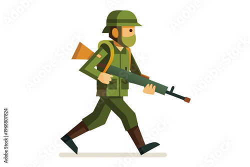 Soldier walking with rifle in white studio background