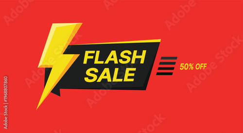 Yellow lightning bolt with text flash sale 50 percent off black