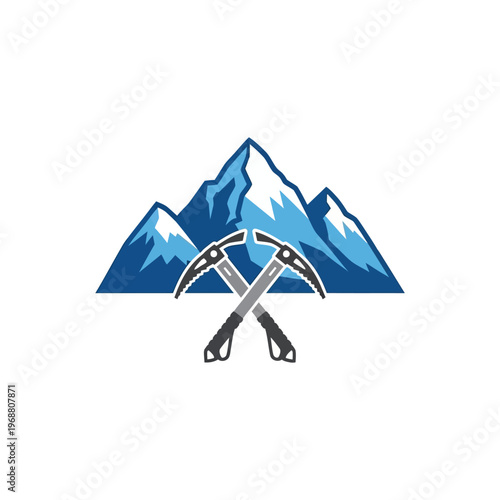 Snowy Mountain Peaks with Crossed Ice Axes Logo Icon, isolated white background