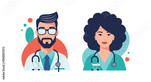 Professional avatars of a male and female doctor wearing stethoscopes and lab coats representing a diverse medical team.