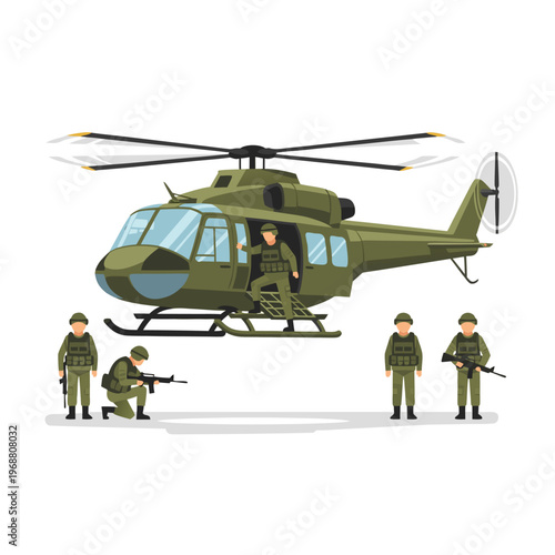 Military helicopter landing with soldiers on open landing zone