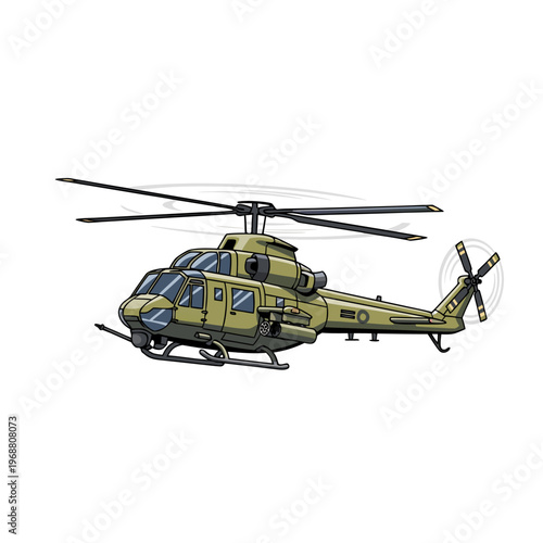 Military helicopter hovering in flight over open area