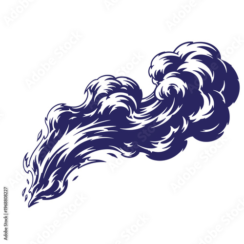 Dark blue of a stylized smoke plume or cloud trail with thick outlines and comic book style shading isolated on a white background