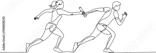 Continuous single line drawing of The female runner will hand over the baton to her male teammate. one line art icon drawing vector