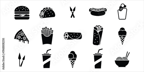Fast food icons set including burger pizza taco hot dog fries ice cream and drinks black silhouette vector.