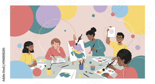 Diverse group of people painting in colorful vibrant lighting for art class