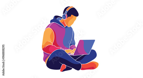 Young man sitting comfortably on the floor with a laptop and headphones working remotely or studying in a modern style.
