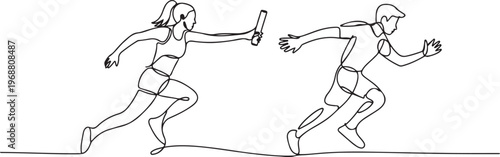 Continuous single line drawing of The female runner will hand over the baton to her male teammate. one line art icon drawing vector