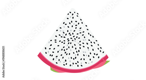 Fresh slice of dragon fruit showing the characteristic white flesh with black seeds and bright pink skin on a white background.