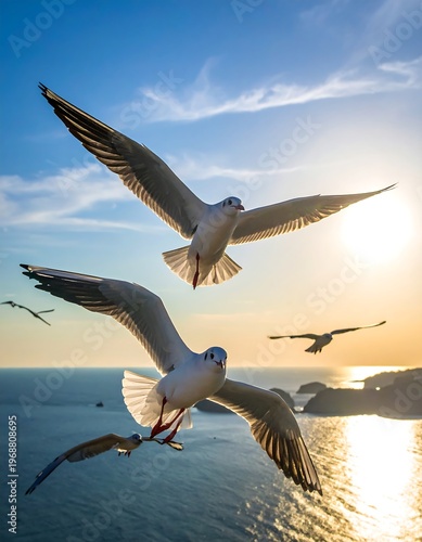 Several white birds with black wingtips soar through a sunny, blue sky above the ocean at sunset. The sun is behind them