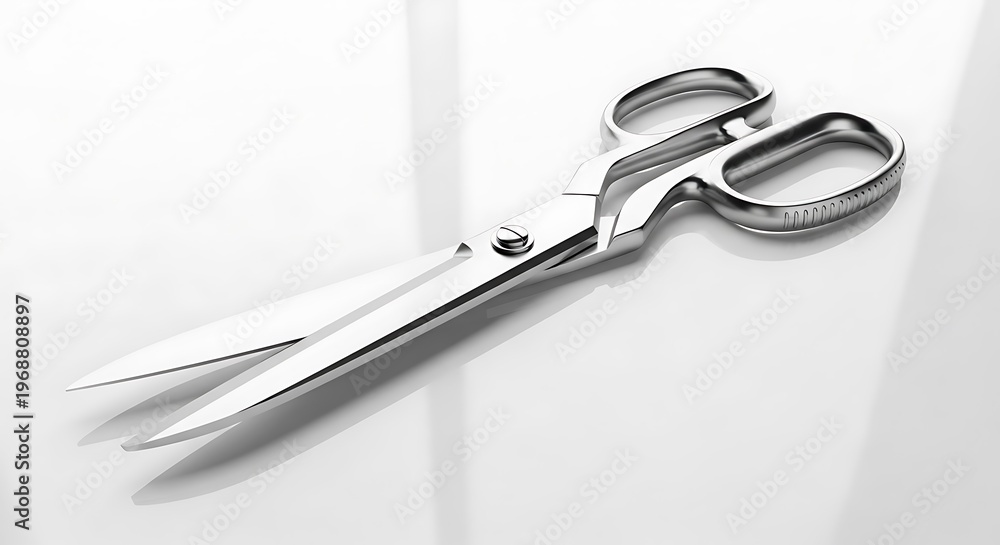 Obraz premium Metal utility scissors on white reflective surface, clean minimal background