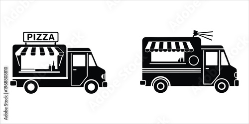 Food truck and pizza delivery van black silhouette vector illustration isolated on white background.