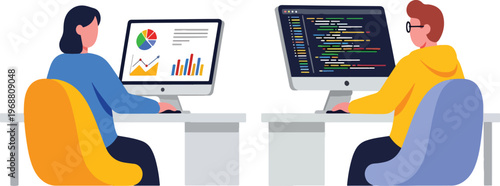 Business analyst and software developer working at computer desk with data charts and code on screens in modern office vector illustration background