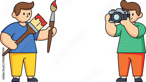 Artist holding paintbrush and photographer with camera, two creative professionals standing side by side, hobbies and careers