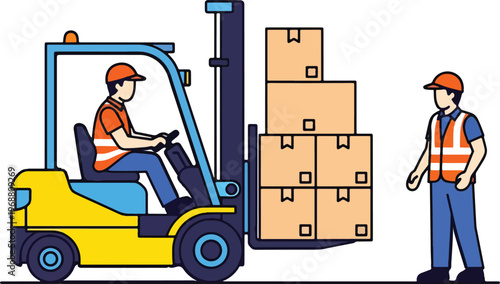 Warehouse worker driving forklift moving boxes, colleague standing by, logistics and inventory management illustration