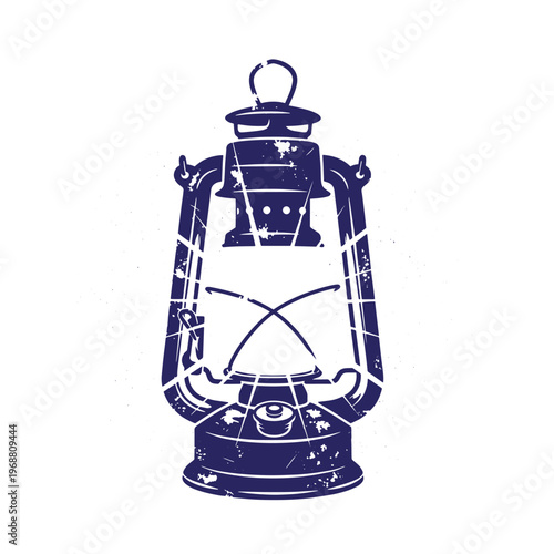 Dark blue silhouette of a vintage kerosene lantern with a distressed grunge texture isolated on a white background featuring a classic oil lamp with a handle and metal frame