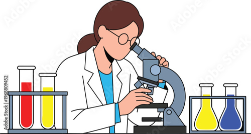 Female scientist wearing lab coat looking through microscope while working with colorful chemical test tubes in medical laboratory research facility