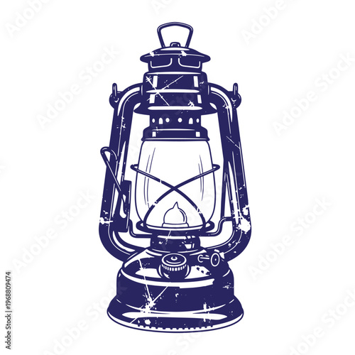 Dark blue silhouette of a vintage kerosene lantern with a distressed weathered texture and a central glass globe isolated on a white background