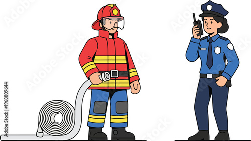 Firefighter in uniform holding a hose next to a police officer holding a radio on a transparent background, representing public service