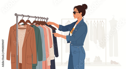 Fashionable woman choosing clothes from a rack, modern style, shopping concept