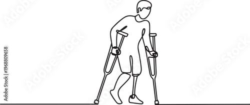 amputated led person using crutches for support, walking carefully Highlights the importance of mobility aids in daily life and recovery. one line art icon drawing vector