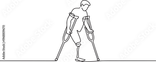amputated led person using crutches for support, walking carefully Highlights the importance of mobility aids in daily life and recovery. one line art icon drawing vector