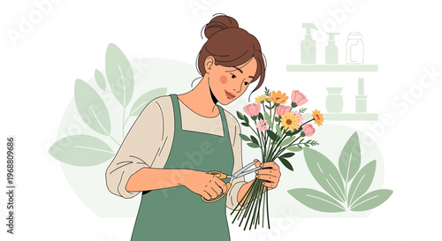 Florist arranging bouquet of fresh flowers, woman working in flower shop, close-up hands