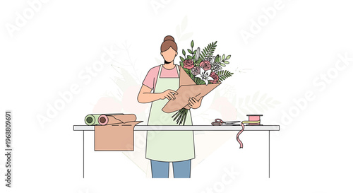 Florist arranging bouquet of flowers on table with wrapping paper and scissors