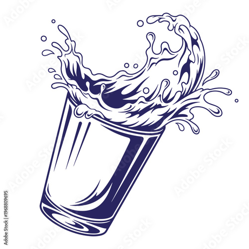 Dark blue ink style of a tilted glass with a dynamic liquid splash erupting from the isolated on a white background