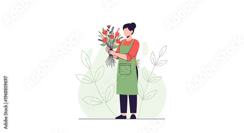 Florist Arranging Bouquet of Red Roses and Greenery, Small Business Owner