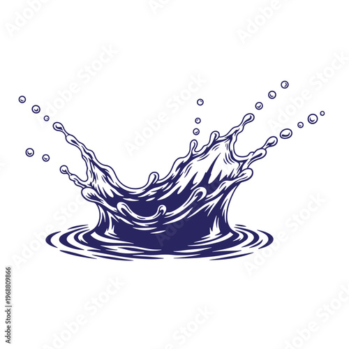 Dark blue ink style of a water splash with droplets and ripples isolated on a white background depicting liquid motion and fluid dynamics