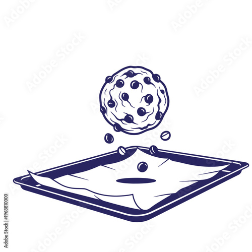 Dark blue line of a chocolate chip cookie hovering above a baking sheet lined with parchment paper with loose chocolate chips falling onto the tray