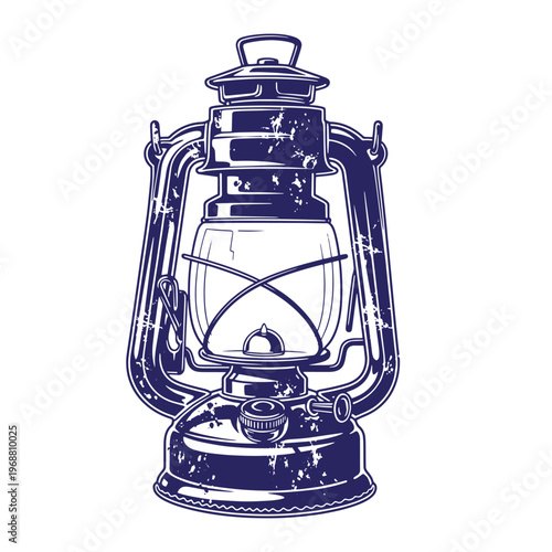 Dark blue vintage kerosene lantern with a distressed grunge texture and worn metal finish isolated on a white background
