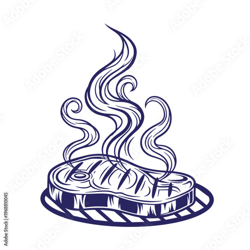 Dark blue line of a grilled beef steak with char marks resting on a barbecue grate with rising wisps of hot steam isolated on a white background
