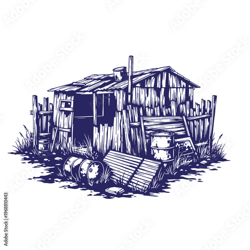 Hand drawn of a dilapidated wooden shack with a corrugated metal roof surrounded by a picket fence and discarded oil drums in a grassy field