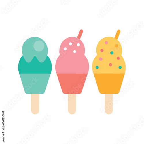 Three colorful popsicles with sprinkles and straws on sticks isolated