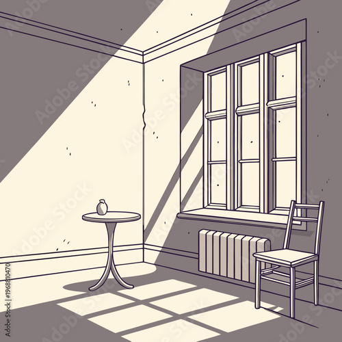 A room with a table and chair in front of a window