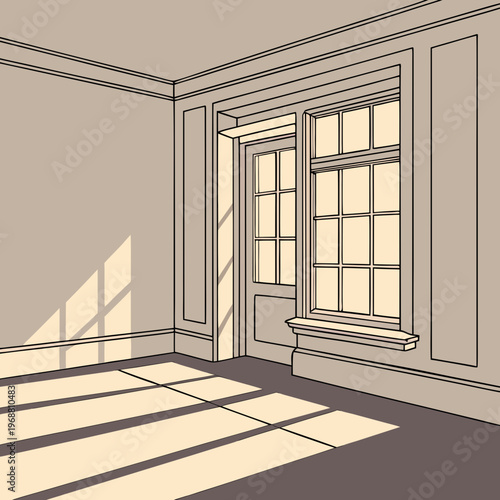 A room with a window and a bench