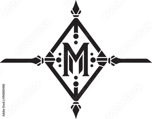 Stylized letter M emblem with dots and diamond frame, compass points.
