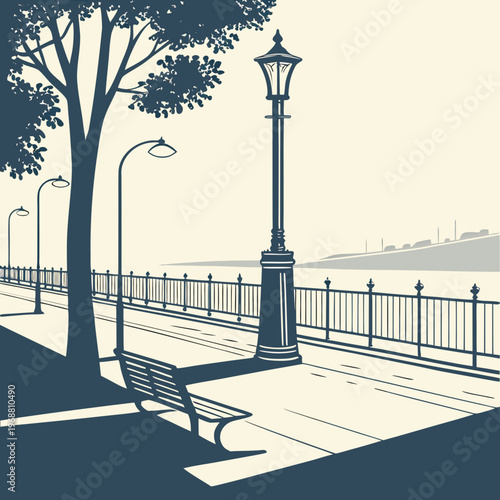 A bench and lamp post on a sidewalk by the water