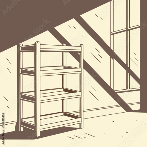 A wooden shelving unit with four shelves