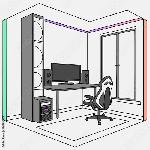 Home office setup with computer and chair